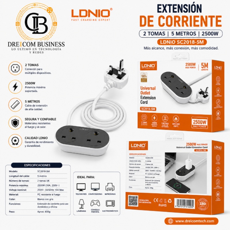 EXTENSION DE CORRIENTE 5M 2500W 2 TOMAS LDNIO SC2018-5M+