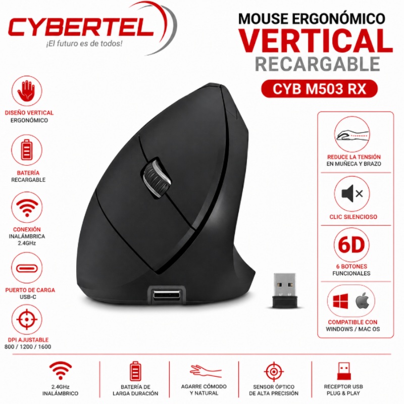 MOUSE ERGONOMICO VERTICAL RECARGABLE CYBERTEL CYB M503 RX