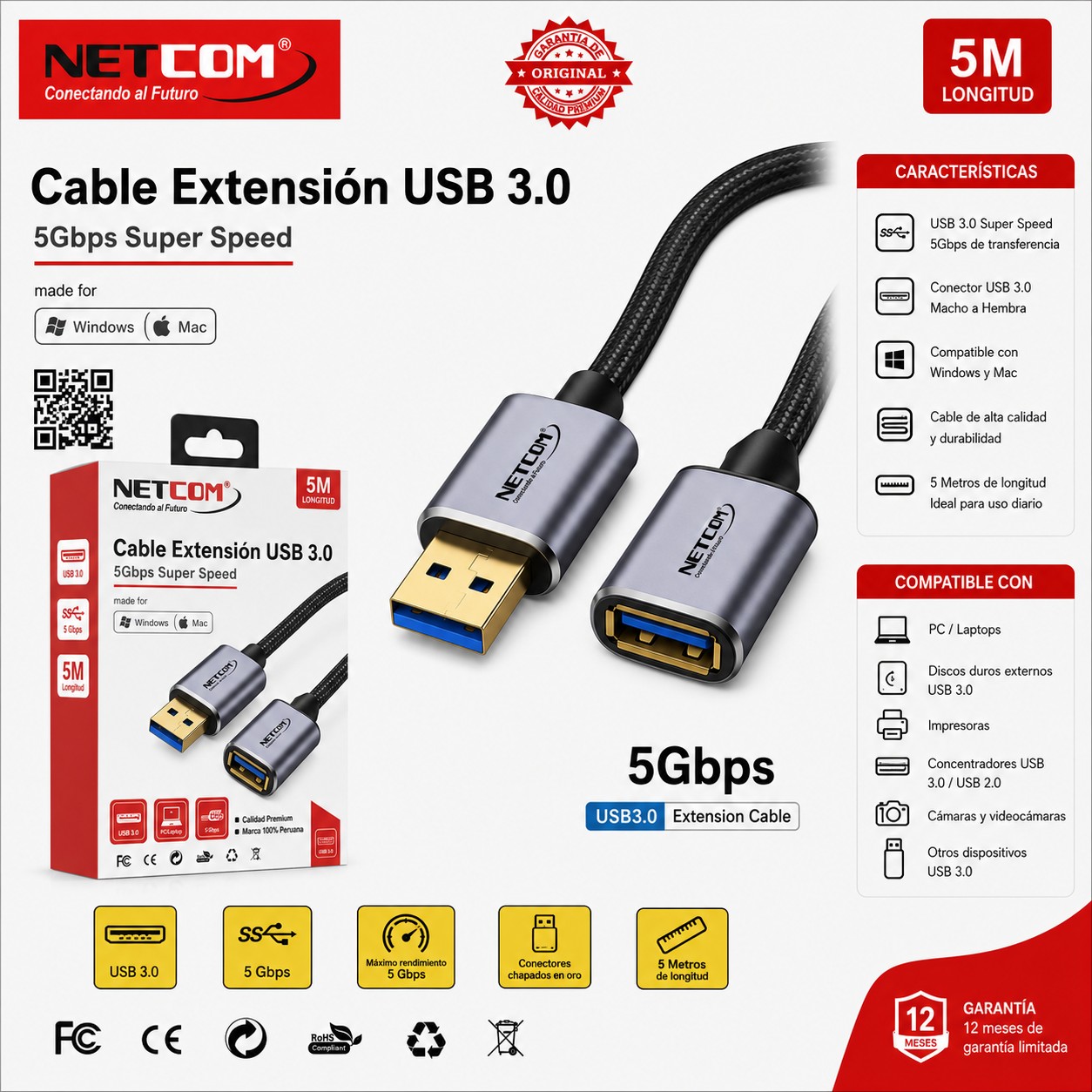 EXTENSION USB 3.0 5 MTS NETCOM PE-CA0094 EXT-3.0-5M-NET