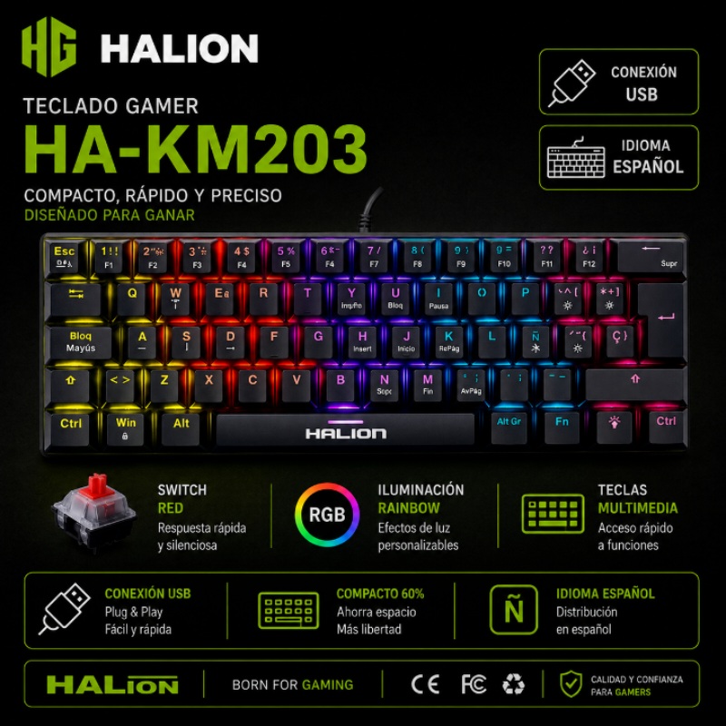 TECLADO MECANICO SWITCH RED RAINBOW COMANCHE 105 HALION KM203