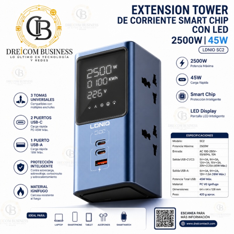 EXTENSION TOWER DE CORRIENTE SMART CHIP CON LED 2500W 45W LDNIO SC2
