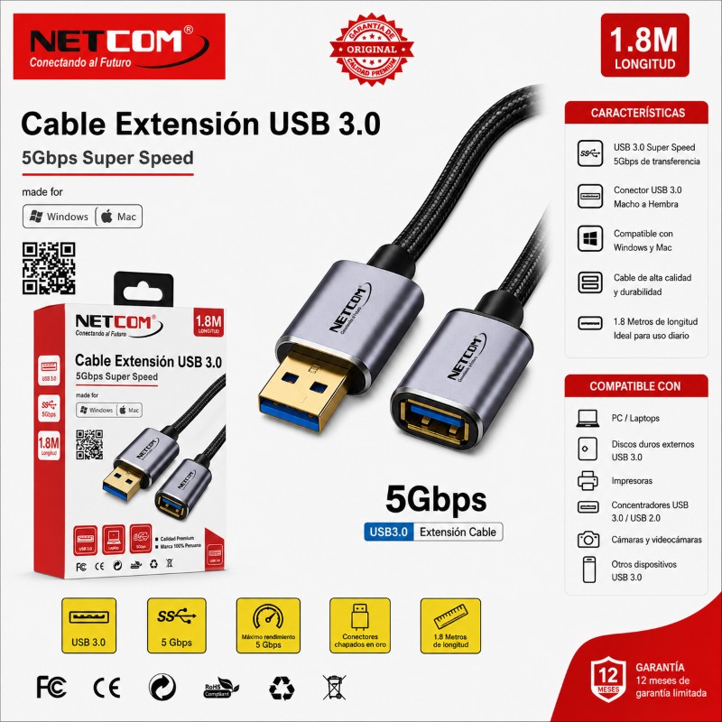 EXTENSION USB 3.0 1.8 MTS NETCOM PE-CA0092 EXT-3.0-1.8M-NET