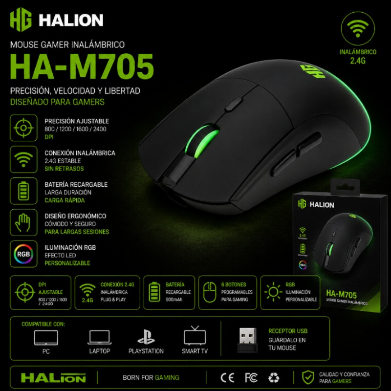 MOUSE GAMER TRIMODO 10000 DPI 6B RGB RECARGABLE BLACK MANTIS HALION M705