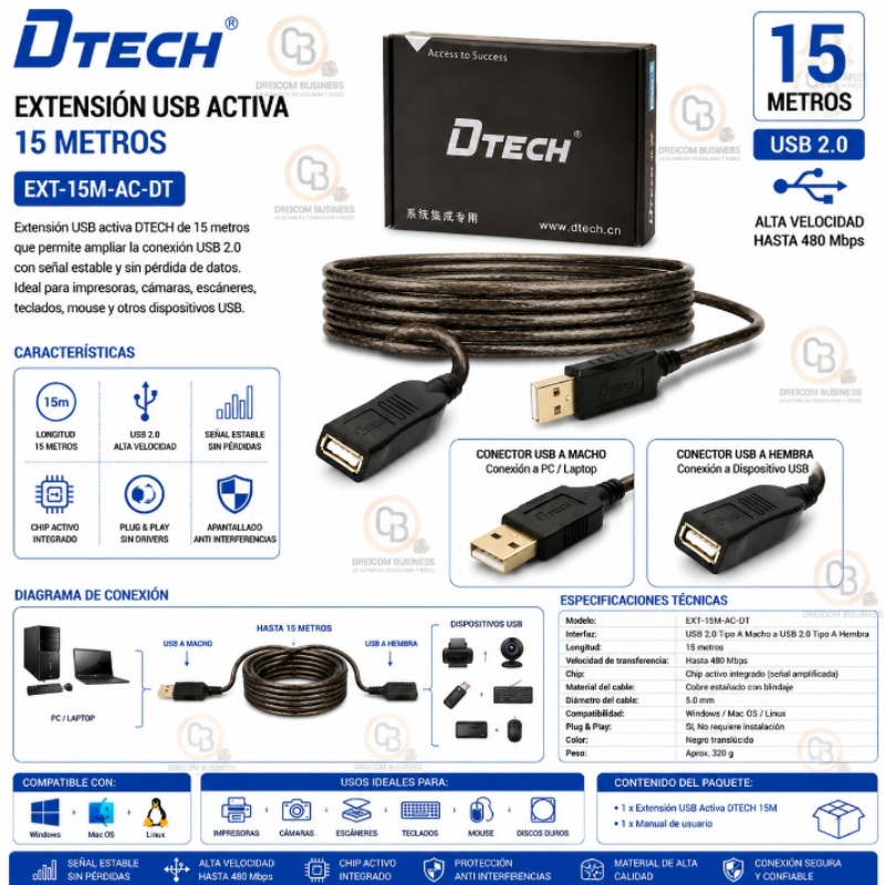EXTENSION USB 15 MTS ACTIVO DTECH EXT-15M-AC-DT