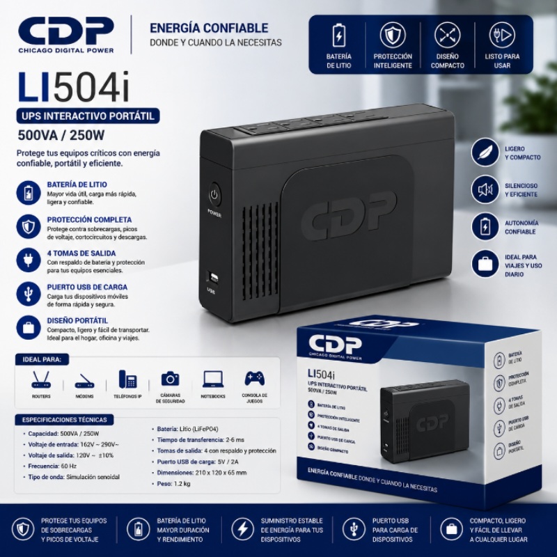 UPS INTERACTIVO PORTATIL CON BATERIA DE LITIO 4 TOMAS 500VA - 250W CDP LI504I