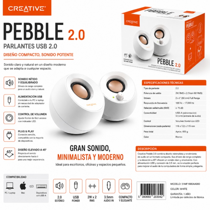 PARLANTE CREATIVE PEBBLE 2.0 WHITE
