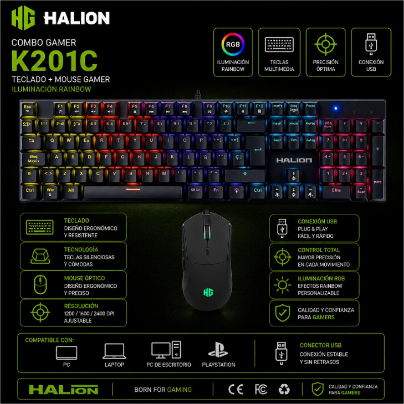 COMBO GAMER 2 EN 1 MECANICO 105 TECLAS ROINBOW MOUSE RGB HARRIER HALION K201C