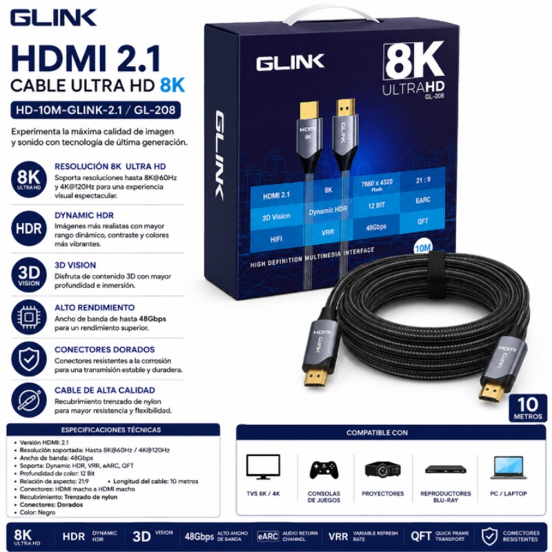 CABLE HDMI G LINK 2.1 8K 10 M 60HZ HD-10M-GLINK-2.1 GL-208