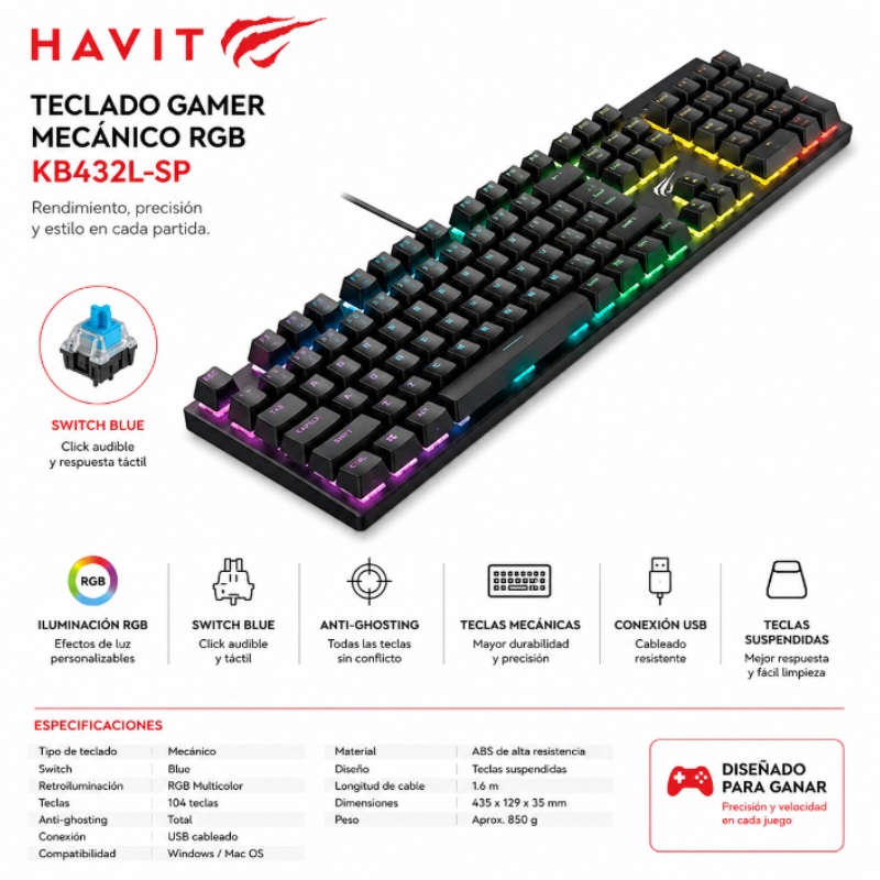 TECLADO GAMER MECANICO RGB SWITCH BLUE HAVIT GAMENOTE KB432L-SP