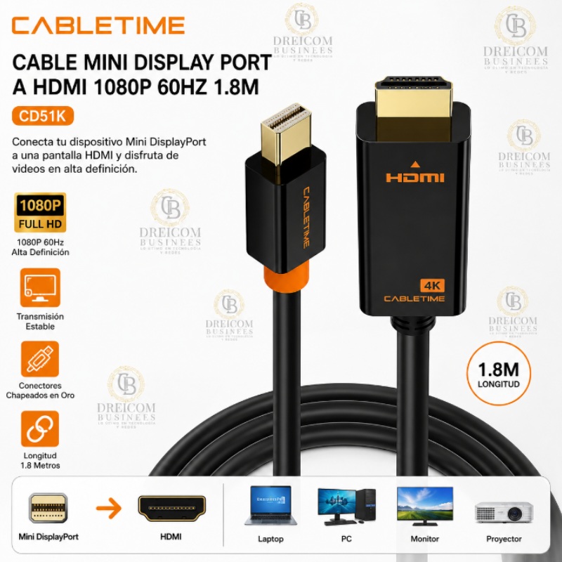 CABLE MINI DISPLAY PORT A HDMI 1080P 60HZ 1.8M CABLETIME CD51K