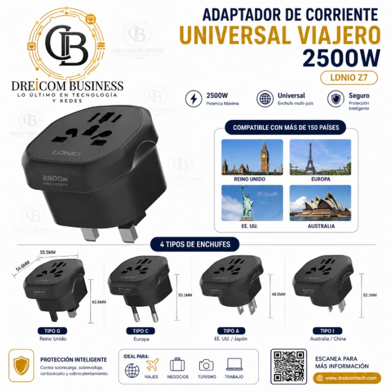 ADAPTADOR DE CORRIENTE UNIVERSAL VIAJERO 2500W LDNIO Z7