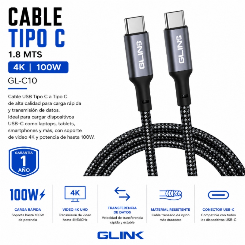 CABLE TIPO C GLINK 1.8 MTS 4K 100W GL-C10