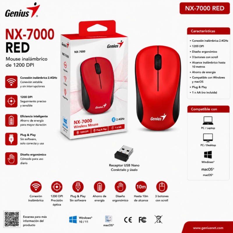 MOUSE GENIUS NX-7000 WIRELESS BLUEEYE RED