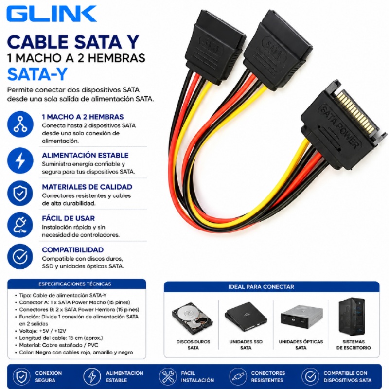 CABLE SATA Y 1 MACHO 2 HEMBRAS SATA-Y