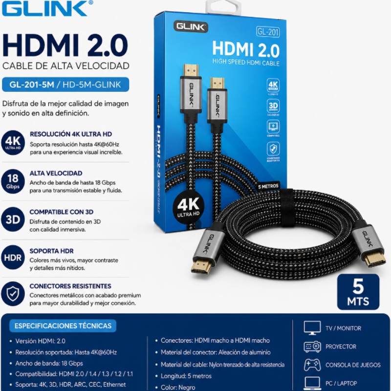 CABLE HDMI 2.0 4K G LINK 5 MTS GL-201-5M HD-5M-GLINK