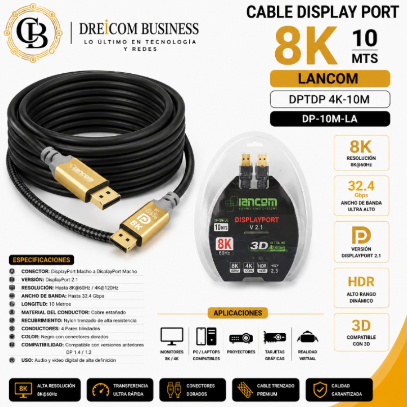CABLE DISPLAY PORT 8K 10 MTS LANCOM DPTDP 4K-10M DP-10M-LA