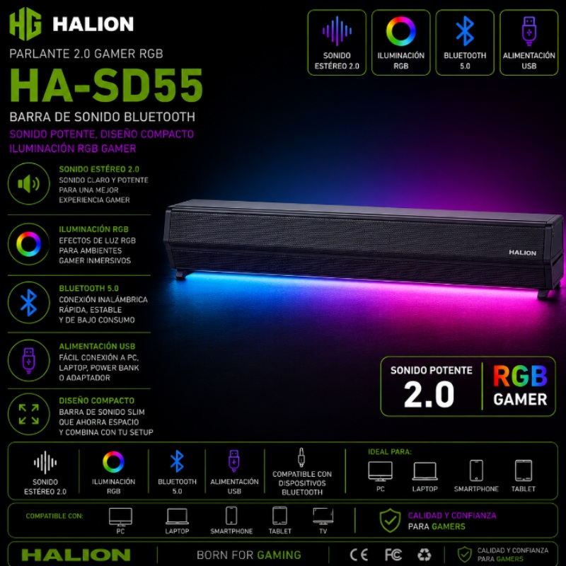 PARLANTE 2.0 GAMER RGB BARRA BLUETOOTH HALION HA-SD55