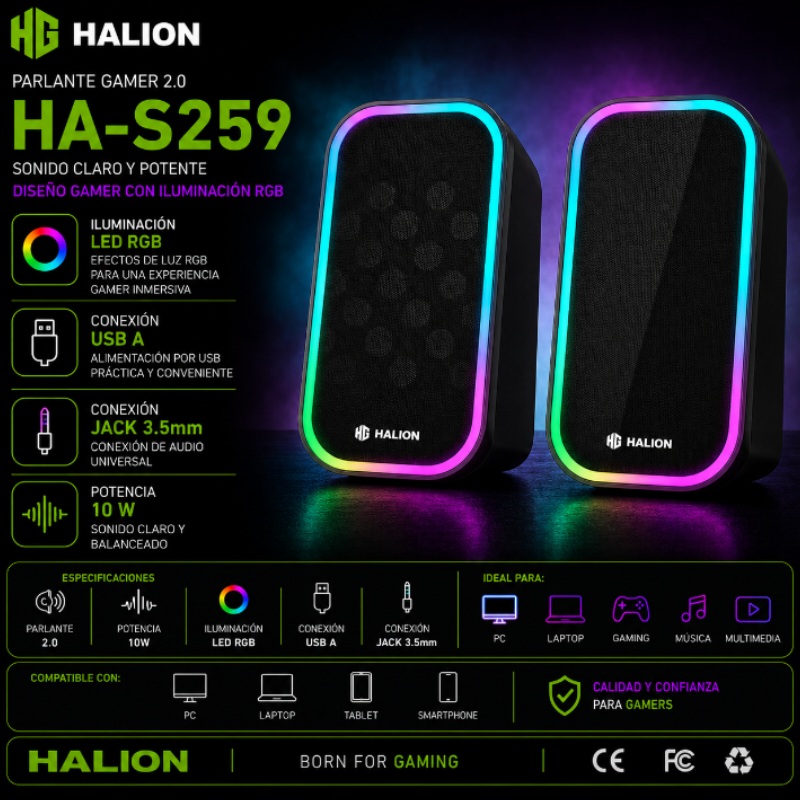 PARLANTE GAMER 2.0 RGB 10W HALION HA-S259