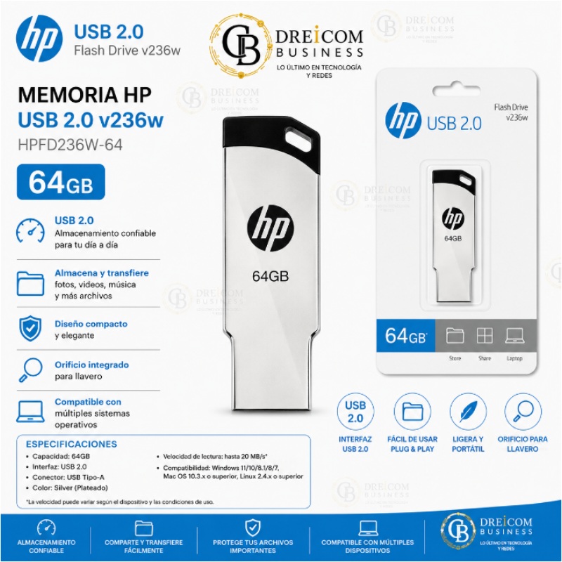 MEMORIA HP USB V236W 64GB SILVER - HPFD236W-64