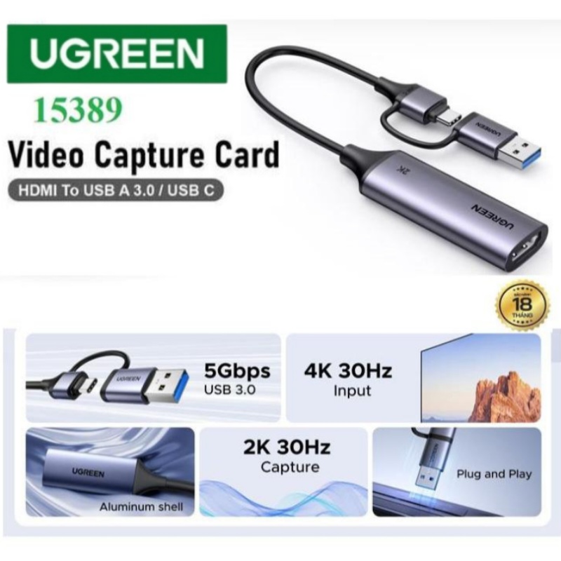 CAPTURADOR DE VIDEO HDMI 2K 30HZ USB 3.0 /USB C UGREEN