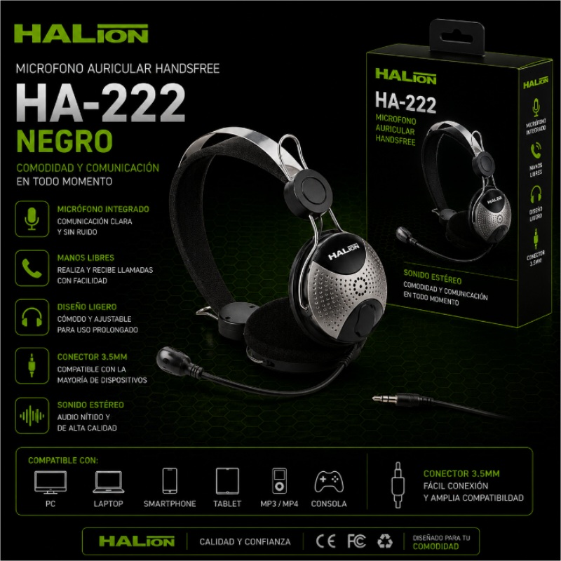 MICROFONO AURICULAR HALION HA-222 NEGRO HANDSFREE MICHA236NE