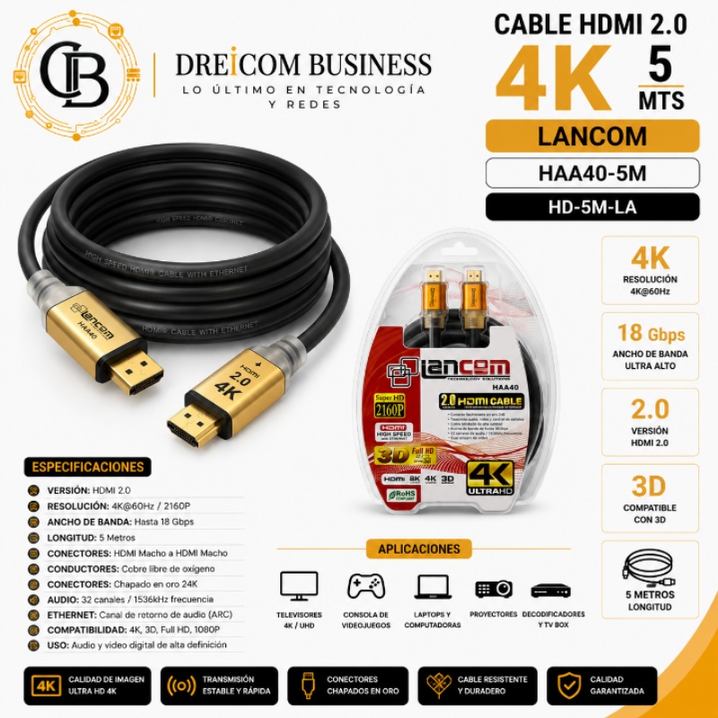 CABLE HDMI 2.0 4K 5 MTS LANCOM - HAA40-5M HD-5M-LA