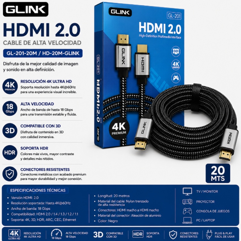 CABLE HDMI 2.0 4K G LINK 20 MTS GL-201-20M HD-20M-GLINK