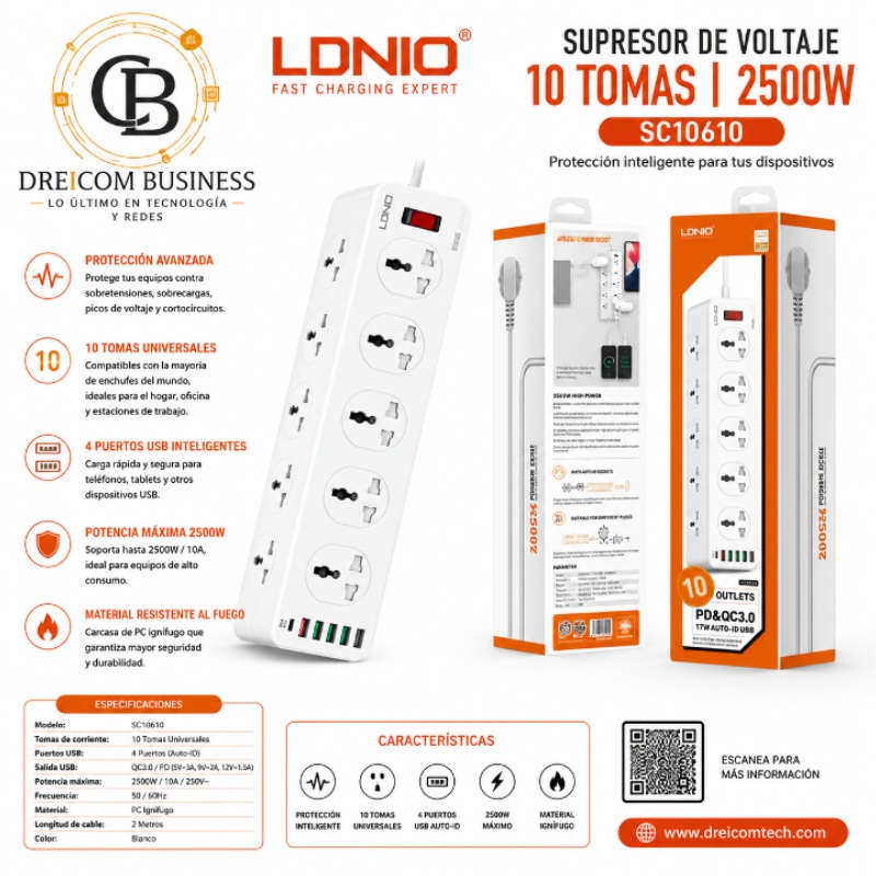 SUPRESOR LDNIO 10 TOMAS 2500W SC10610