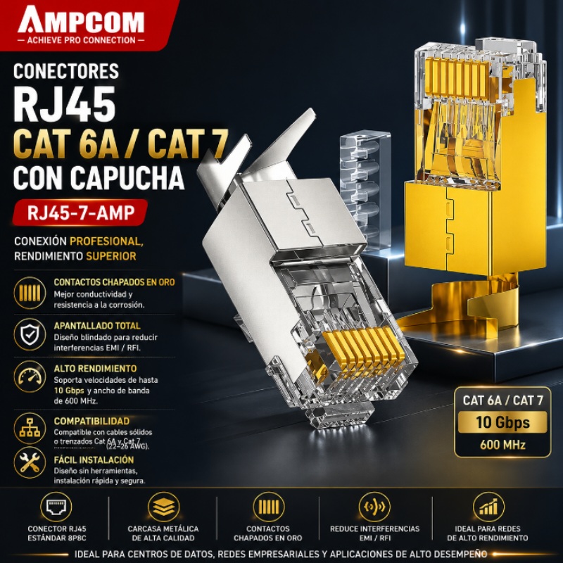CONECTORES RJ45 CAT 6A CAT 7 CON CAPUCHA AMPCOM RJ45-7-AMP