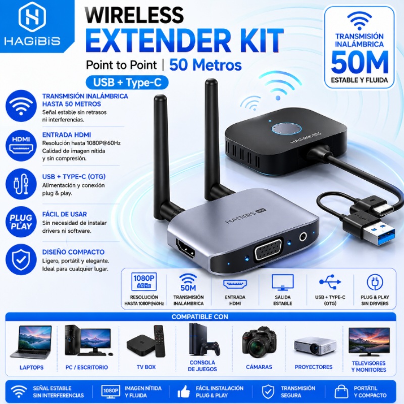EXTENDER HDMI INHALAMBRICO 50M CON OTG USB HAGIBIS 609523 - G11W