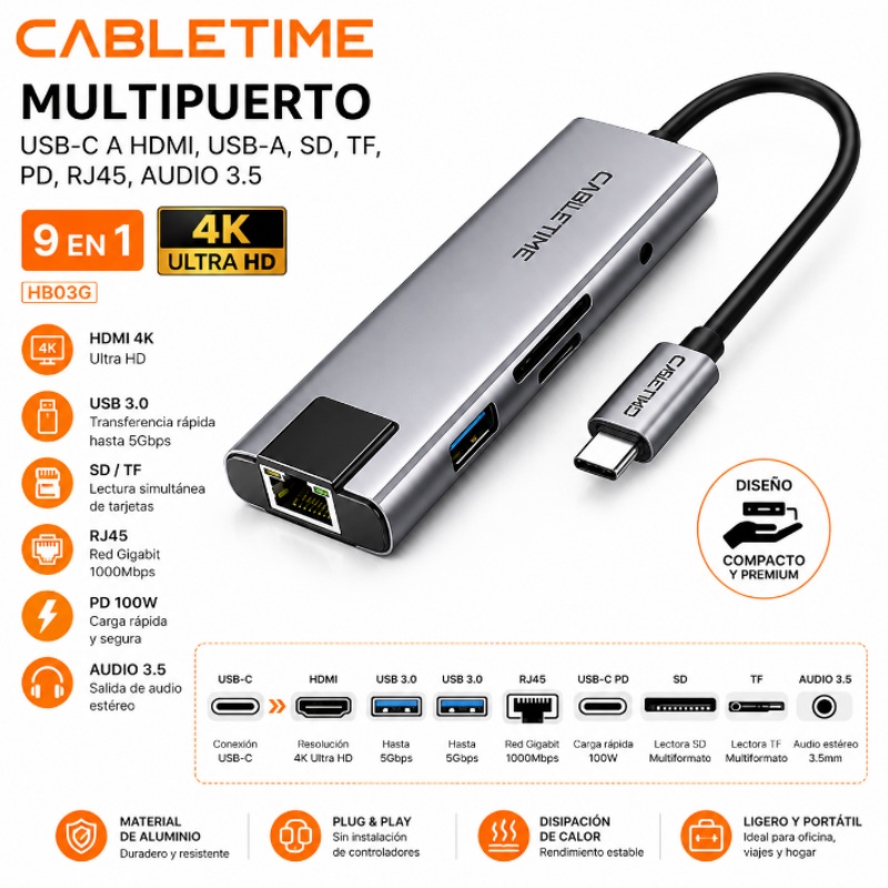 MULTIPUERTO USB-C A HDMI, USB-A, SD, TF, PD, RJ45, AUDIO 3.5 9 EN 1 CABLETIME HB03G