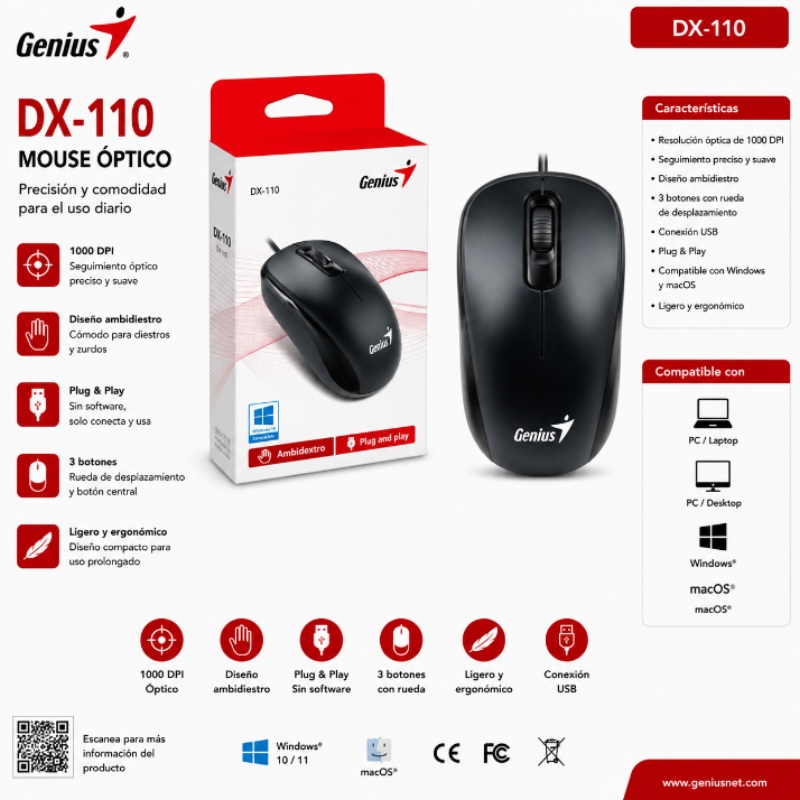 MOUSE GENIUS DX-110 USB OPTICO 1000 DPI BLACK