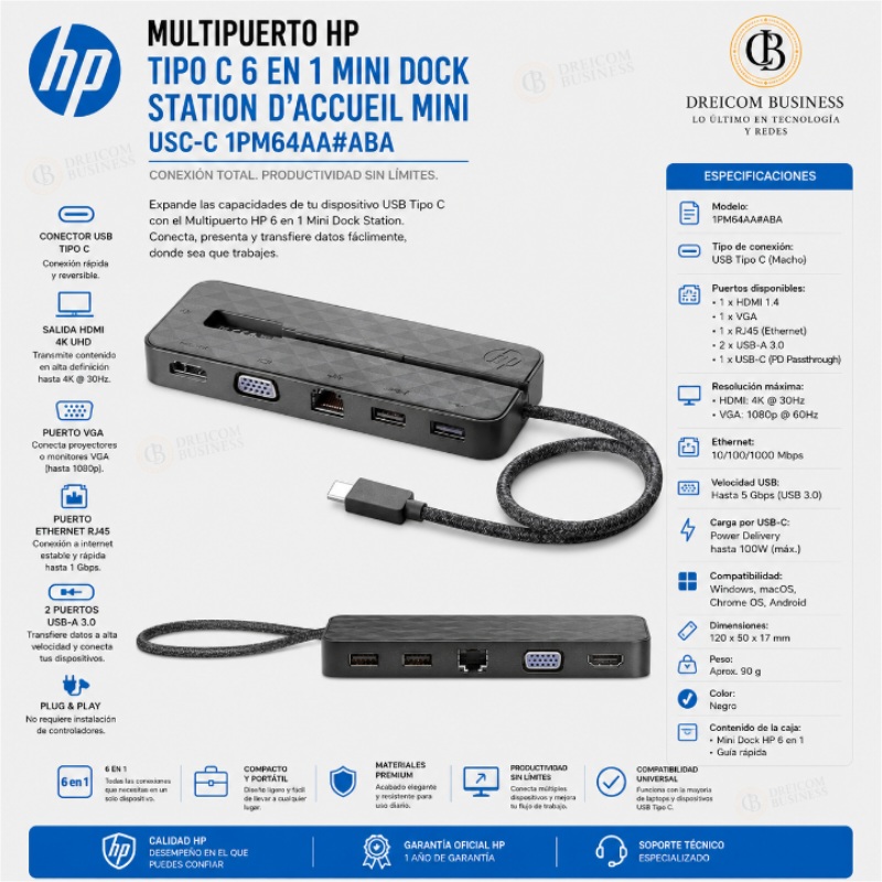 MULTIPUERTO HP TIPO C 6 EN 1 MINI DOCK STATION D'ACCUEIL MINI USC-C 1PM64AA#ABA