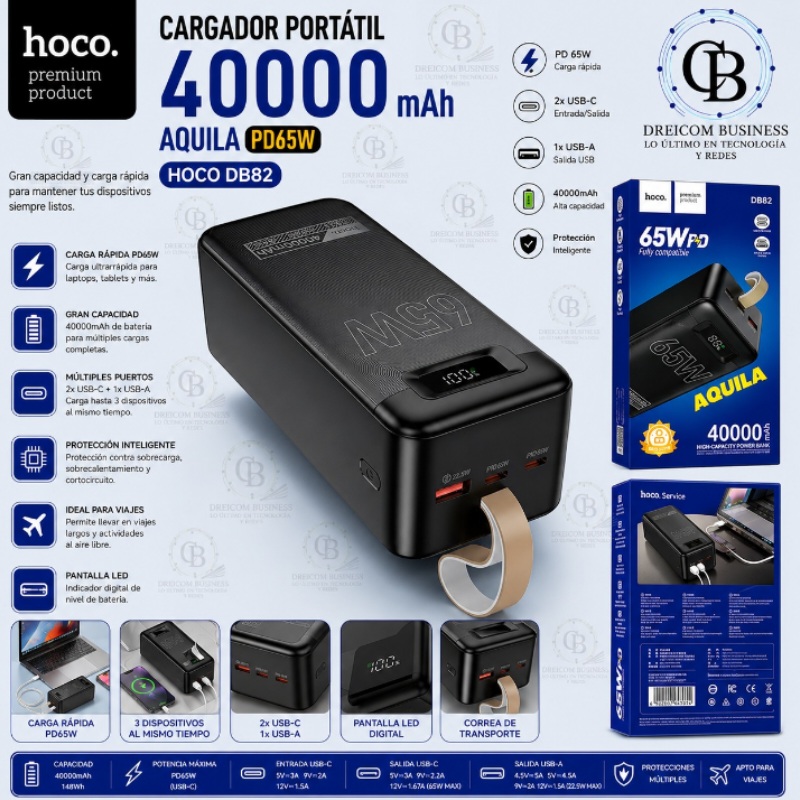 CARGADOR PORTATIL 40000 MAH BLACK AQUILA PD65W HOCO DB82