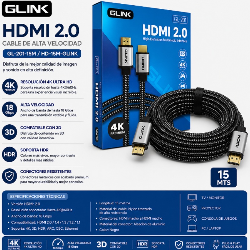 CABLE HDMI 2.0 4K G LINK 15 MTS GL-201-15M HD-15M-GLINK