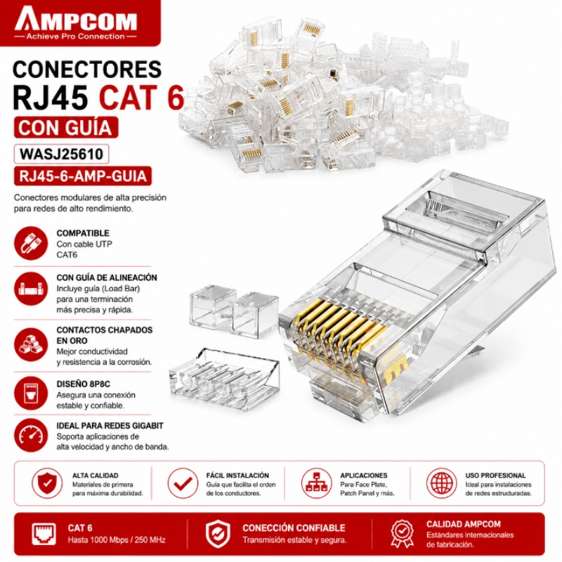 CONECTORES RJ45 CAT 6 AMPCOM CON GUIA WASJ25610 RJ45-6-AMP-GUIA