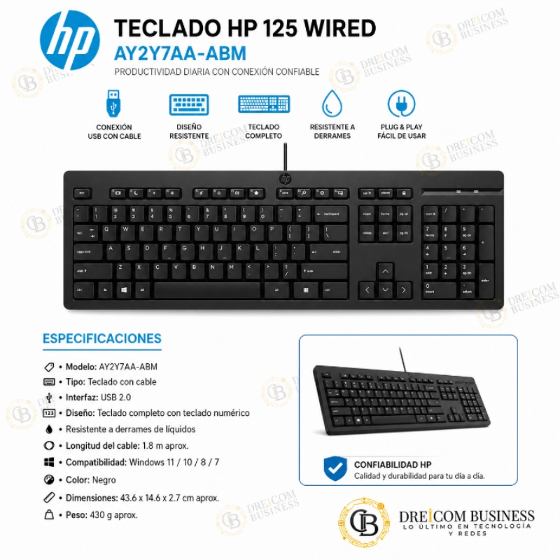 TECLADO HP 125 WIRED AY2Y7AA-ABM