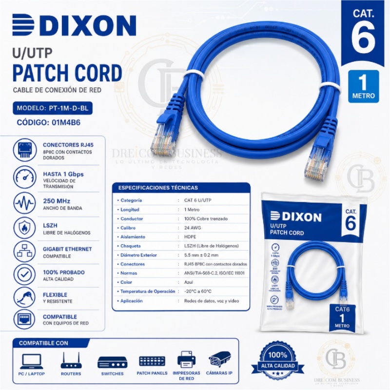 PATCH CORD DIXON 1 MT CAT 6 AZUL 01M4B6 PT-1M-D-BL