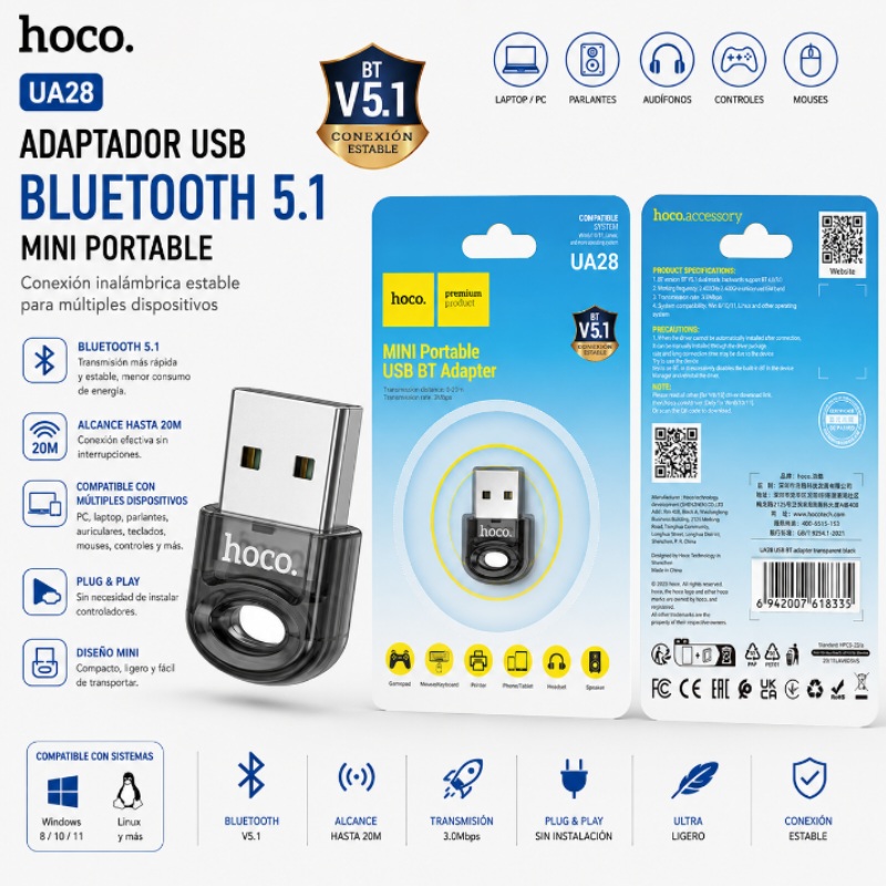 ADAPTADOR USB BLUETOOTH 5.1 HOCO UA28