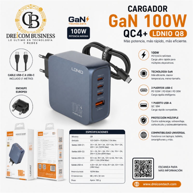 CARGADOR GAN 100W QC4 LDNIO Q8