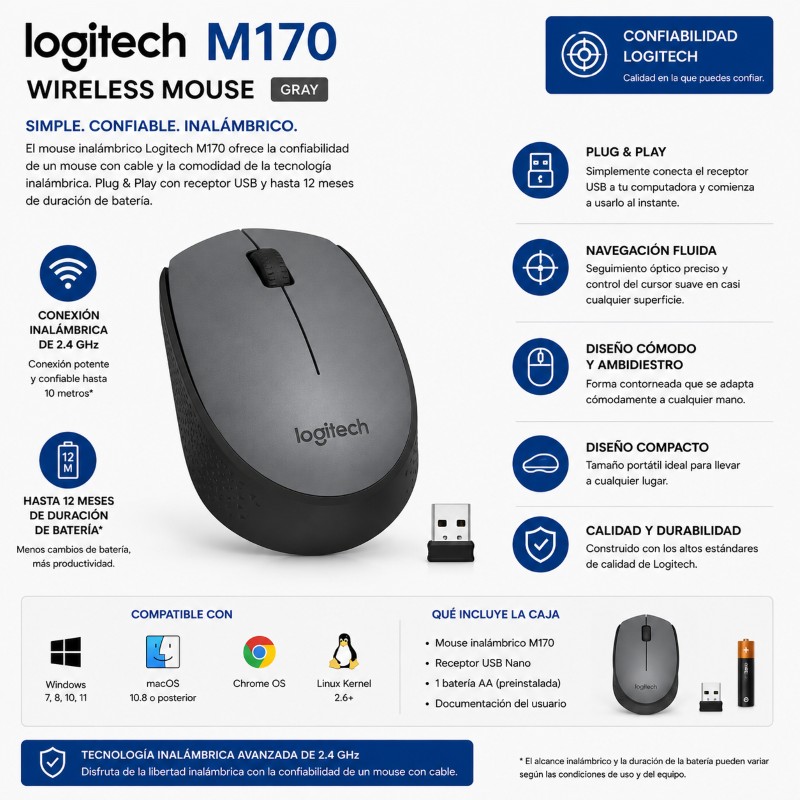 MOUSE LOGITECH M170 WIRELESS GRAY