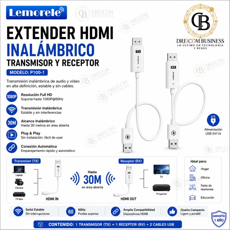 EXTENDER HDMI INALAMBRICO TRANSMISOR Y RECEPTOR LEMORELE P100-1