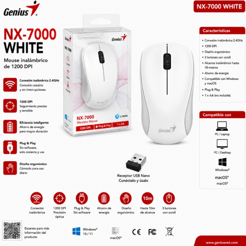 MOUSE GENIUS NX-7000 WIRELESS BLUEEYE WHITE
