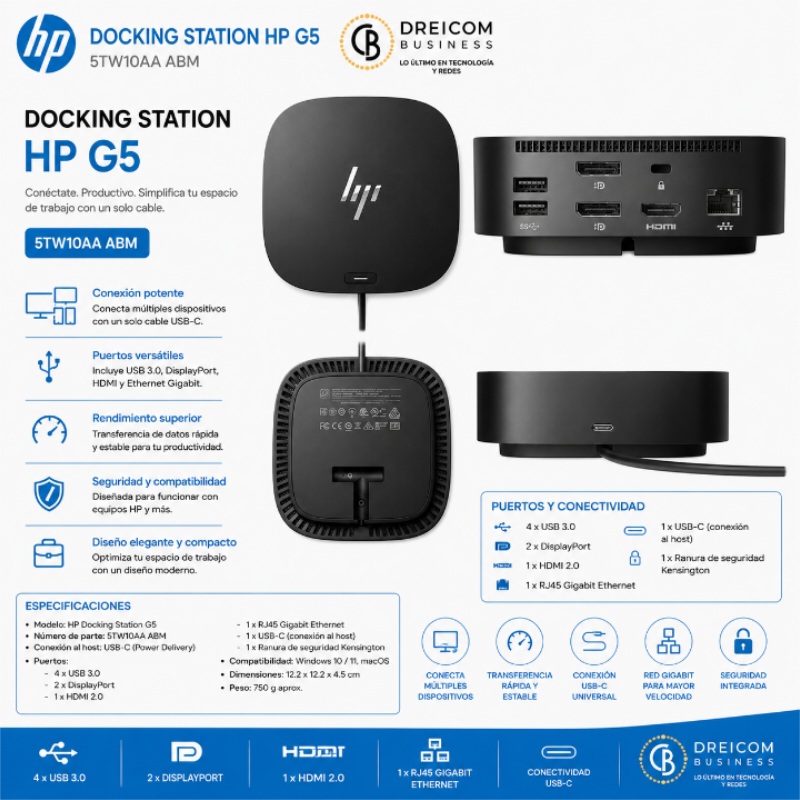 DOCKING STATION HP G5 5TW10AA ABM X4 USB 3.0 X2 DP X1 RJ45 GB X1 HDMI 2.0
