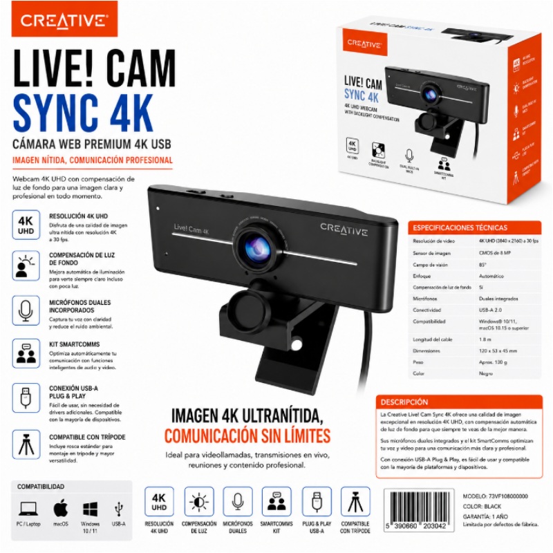 CAMARA WEB CREATIVE LIVE CAM SYNC 4K USB BLACK