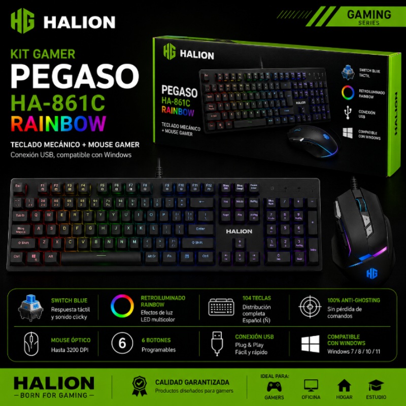 KIT TECLADO MECANICO CON MOUSE GAMER HALION PEGASO HA-861C RAINBOW