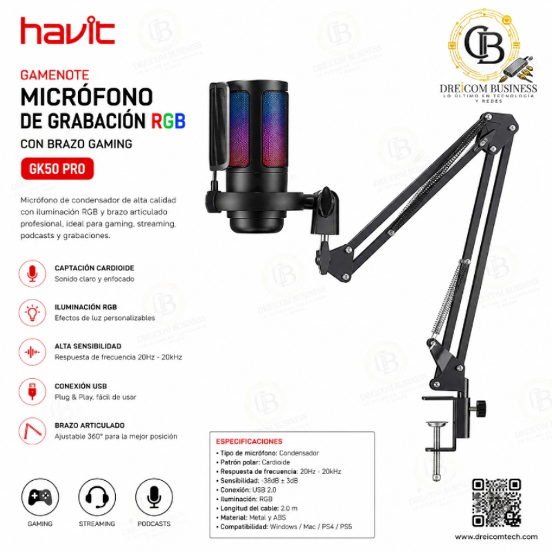 MICROFONO DE GRABACION RGB CON BRAZO GAMING HAVIT GAMENOTE GK50 PRO