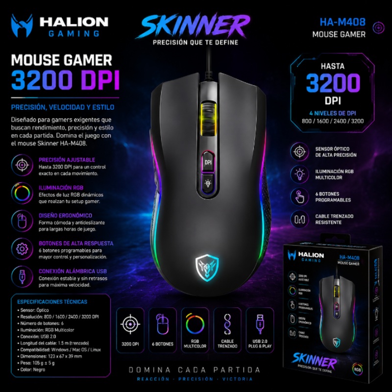 MOUSE GAMER 3200 DPI SKINNER HALION HA-M408