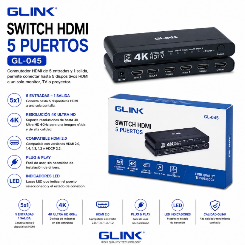 SWITCH HDMI 5 PUERTOS G LINK GL-045