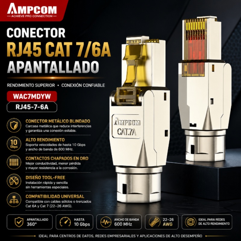 CONECTOR RJ45 CAT 7/6A APANTALLADO AMPCOM WAC7MDYW RJ45-7-6A